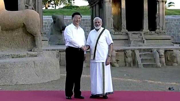Prime Minister Narendra Modi shakes hand with Chinese President Xi Jinping during the 2nd informal summit at the famous site of Pallava Era in Mahabalipuram on Friday. (ANI photo) Prime Minister Narendra Modi shakes hand with Chinese President Xi Jinping during the 2nd informal summit at the famous site of Pallava Era in Mahabalipuram on Friday. (ANI photo)