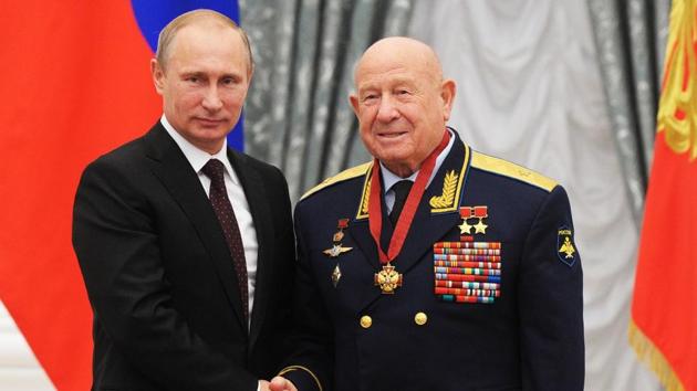 Leonov and Russian President Vladimir Putin in Novo-Ogaryovo residence outside Moscow on July 14, 2013. Leonov was an accomplished artist and writer and his contemporaries described him as warm and likable. He is survived by his widow Svetlana and his younger daughter Oksana. Putin sent his condolences to Leonov’s widow and daughter, calling him a “true trailblazer” and a “heroic person.” (Mikhail Klimentyev / Sputnik / Kremlin Pool / AP File)