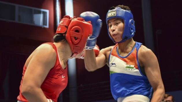 Lovlina Borgohain in action against Morocco's Oumayma Bel Ahbib in their 69kg category bout at the AIBA Women's World Championships.(PTI)