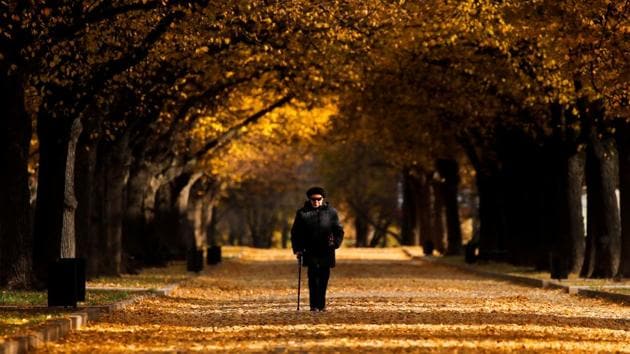 A woman walks under the trees with autumn coloured leaves in Moscow, Russia. (Maxim Shemetov / REUTERS)