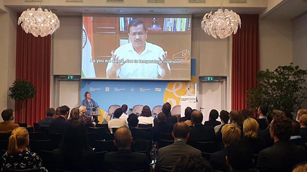 Chief Minister Arvind Kejriwal participates in the C40 Cities Summit at Copenhagen, Denmark over video conference, in New Delhi on Friday. (ANI Photo) Chief Minister Arvind Kejriwal participates in the C40 Cities Summit at Copenhagen, Denmark over video conference, in New Delhi on Friday. (ANI Photo)