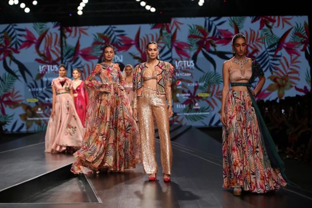 Models walk the ramp showcasing fashion designer Mahima Mahajan's creations on the third day of LMIFW. Her collection featured traditional embroidery which blended seamlessly western silhouettes, creating the perfect balance between fluidity and structure. (IANS)