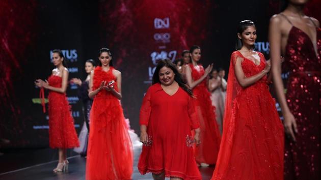 Fashion designer Dolly J on the third day of LMIFW. Her collection focused on evening gowns and featured eclectic colours– from pink peacock, vibrant lilacs, subtle silver to fiery reds. (IANS)