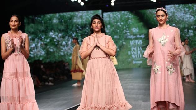 Models showcase fashion designer Nidhika Shekhar's creations on the third day of LMIFW. Shekhar’s show highlighted the issue of period shaming and showcased the journey of how a girl from her childhood hits puberty and attains womanhood through the colours of her garments. (IANS)