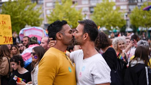 A couple kisses as they take part at the lesbian, gay, bisexual and transgender (LGBT) Pride Parade in Pristina, Kosovo. Hundreds of Kosovo people marched along the main street during a gay parade demanding "freedom" and "equal rights" in the patriarchal and Muslim majority country with little tolerant views on sexuality. (Armend Nimani / AFP)