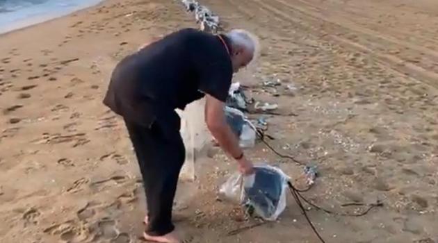Prime Minister Narendra Modi went on a cleanliness drive on Mamallapuram beach in Tamil Nadu on Saturday morning to ensure public places are kept clean and tidy.(ANI PHOTO.)