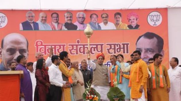Defence Minister Rajnath Singh at a BJP poll rally in Haryana on October 13, 2019. ( Photo @rajnathsingh) Defence Minister Rajnath Singh at a BJP poll rally in Haryana on October 13, 2019. ( Photo @rajnathsingh)