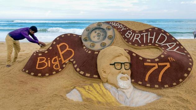 A view of a sand sculpture of Bollywood actor Amitabh Bachchan created by sand artist Sudarsan Patnaik on the eve of former's 77th birthday, in Puri, Odisha. (PTI)