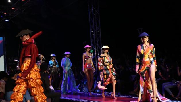 Models walk the ramp showcasing the creations of fashion designers Shivan and Narresh on the fourth day of the Lotus Make-up India Fashion Week. (IANS)
