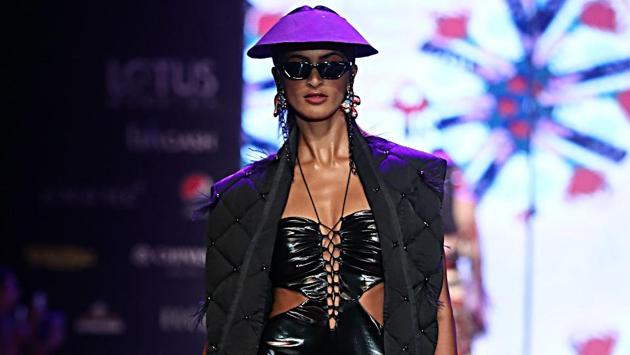 A model walks on the ramp during the India Fashion Week Grand Finale. (ANI)