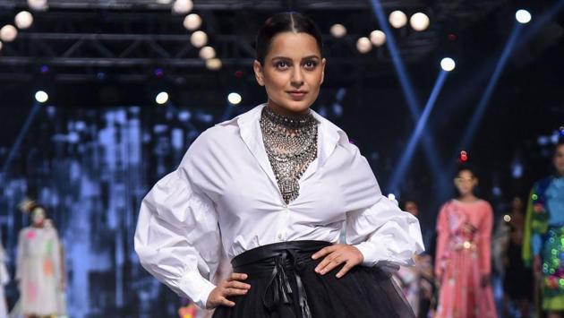 Kangana Ranaut walks the ramp during the grand finale of the Lotus India Fashion Week. (PTI)