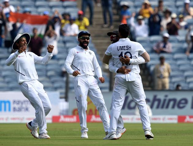 Indian cricket team player Umesh Yadav celebrates the dismissal of Thenuis de Bruyn. (PTI)