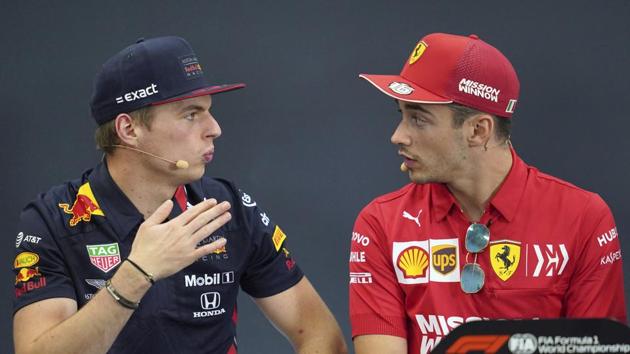 Max Verstappen and Charles Leclerc during a press conference for the Japanese Formula One Grand Prix at Suzuka Circuit.(AP)