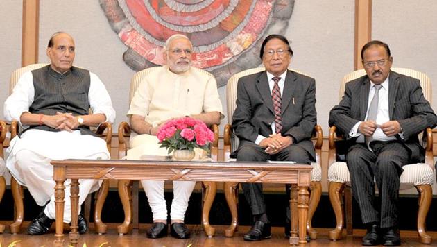 Prime Minister Narendra Modi along with then Union Home Minister Rajnath Singh with NSCN (IM) chief Th Muivah at the signing of the framework agreement to solve the Naga political issue in New Delhi in August 2015.(PIB FILE PHOTO)