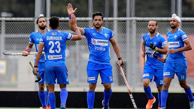 Harmanpreet Singh celebrates with teammates after scoring a goal against Spain in Antwerp. (PTI) Harmanpreet Singh celebrates with teammates after scoring a goal against Spain in Antwerp. (PTI)