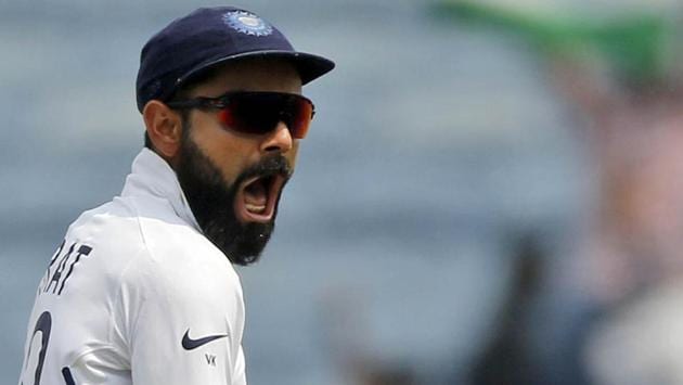 India's Virat Kohli celebrates celebrates the wicket of South Africa's Dean Elgar during the fourth day of second cricket test match between India and South Africa in Pune, India, Sunday, Oct. 13, 2019. (AP) India's Virat Kohli celebrates celebrates the wicket of South Africa's Dean Elgar during the fourth day of second cricket test match between India and South Africa in Pune, India, Sunday, Oct. 13, 2019. (AP)
