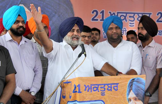 SAD president Sukhbir Singh Badal addressing a rally in favour of SAD candidate Manpreet Singh Ayali at Badhowal village in Dakha constituency on Monday. SAD president Sukhbir Singh Badal addressing a rally in favour of SAD candidate Manpreet Singh Ayali at Badhowal village in Dakha constituency on Monday.