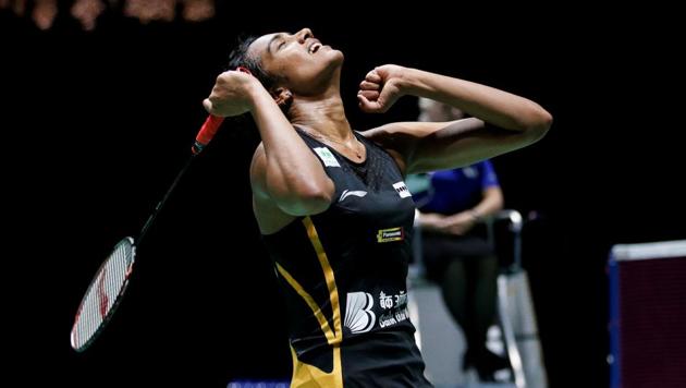 Pusarla Sindhu reacts during her final women's singles match against Japan's Nozomi Okuhara.(REUTERS)
