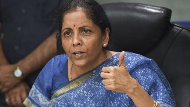Finance Minister Nirmala Sitharaman addresses the media following a meeting with CMDs of Public Sector Banks in New Delhi, Monday, Oct. 14, 2019.(PTI)