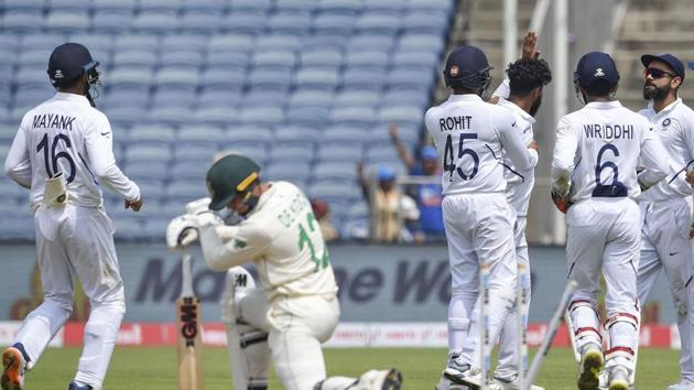 Pune: Quinton de Kock reacts after being dismissed. (PTI) Pune: Quinton de Kock reacts after being dismissed. (PTI)
