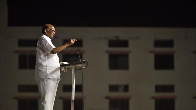 National Congress Party (NCP ) President Sharad Pawar address a campaign rally for NCP candidate Vijaysinh Pandit at Gavrai in Beed , Maharashtra. (Satish Bate/HT Photo) National Congress Party (NCP ) President Sharad Pawar address a campaign rally for NCP candidate Vijaysinh Pandit at Gavrai in Beed , Maharashtra. (Satish Bate/HT Photo)
