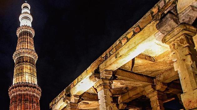 A view of the illuminated Qutub Minar, which is a 73m-high and five-storey tower of victory, built in 1193 by Qutab-ud-din Aibak. The first three storeys are made of red sandstone, the fourth and fifth storeys are of marble and sandstone. At the foot of the tower is the Quwwat-ul-Islam Mosque, which is said to be the first mosque built in India.