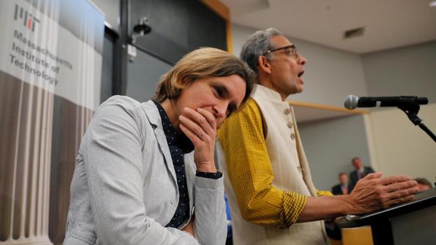 Abhijit Banerjee and Esther Duflo, two of the three winners of the 2019 Nobel Prize in Economics, speak at news conference at the Massachusetts Institute of Technology (MIT) in Cambridge, Massachusetts, U.S.(REUTERS)