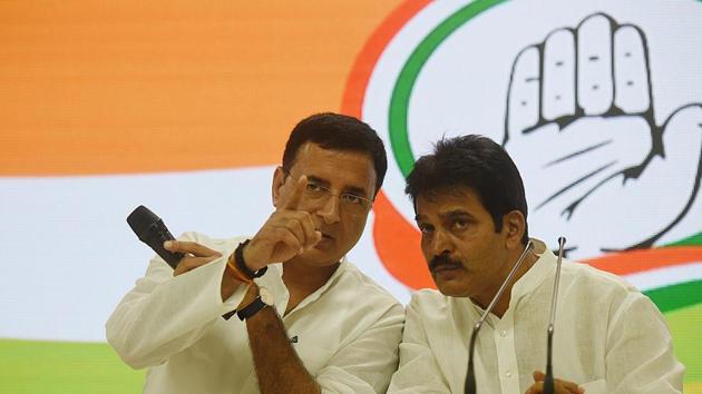 Congress’ Randeep Surjewala during a press conference, at AICC headquarter, in New Delhi. (Amal KS/HT PHOTO) Congress’ Randeep Surjewala during a press conference, at AICC headquarter, in New Delhi. (Amal KS/HT PHOTO)