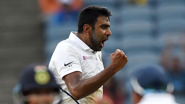 India's bowler Ravichandran Ashwin celebrates after taking a wicket.(Twitter Image)