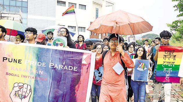 Pride march organised by students of IISER Pune on October 13 began from IISER amphitheatre and ended at Parihar chowk, Aundh. A total of 150 students took part in the march.(Ravindra Joshi/HT PHOTO)