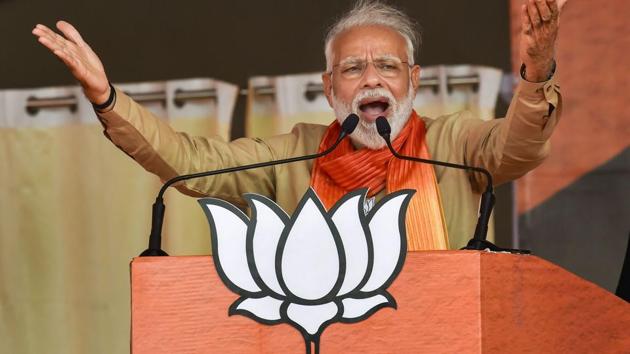 Prime Minister Narendra Modi addresses an election campaign rally ahead of Haryana Assembly elections, in Haryana.(PTI Photo)