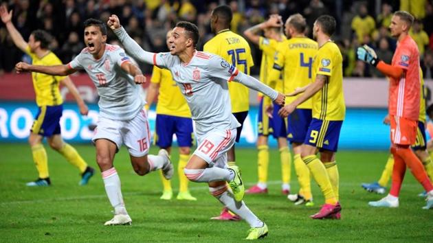 Spain's Rodrigo celebrates after scoring(REUTERS)