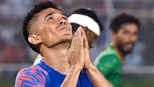 Indian football team captain Sunil Chhetri reacts after missing a goal during FIFA World Cup Qatar-2022 Qualifier match against Bangladesh, at Salt Lake Stadium in Kolkata, Tuesday, Oct. 15, 2019. (PTI) Indian football team captain Sunil Chhetri reacts after missing a goal during FIFA World Cup Qatar-2022 Qualifier match against Bangladesh, at Salt Lake Stadium in Kolkata, Tuesday, Oct. 15, 2019. (PTI)