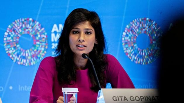 Gita Gopinath, chief economist at the International Monetary Fund (IMF) speaks at a World Economic Outlook news conference in Washington on Tuesday.(Bloomberg) Gita Gopinath, chief economist at the International Monetary Fund (IMF) speaks at a World Economic Outlook news conference in Washington on Tuesday.(Bloomberg)