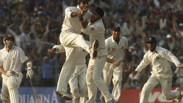 An overjoyed Sourav Ganguly celebrates with Harbhajan Singh after India’s miraculous come from behind win in the 2nd Test match against Australia at Eden Gardens in Kolkata.(Getty Images)