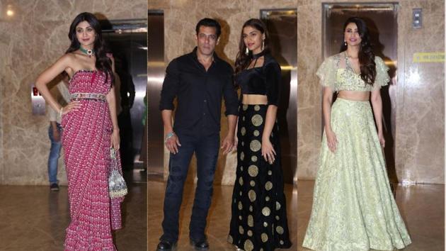 Shilpa Shetty, Salman Khan, Saiee Manjrekar and Daisy Shah at Ramesh Taurani’s Diwali bash.(Varinder Chawla)