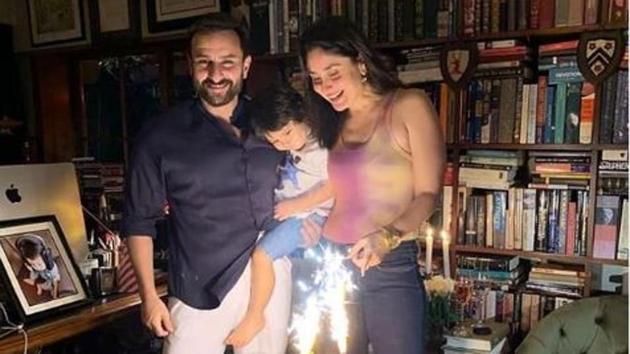 Kareena Kapoor and Saif Ali Khan with son Taimur Ali Khan during their wedding anniversary celebrations.(Instagram)