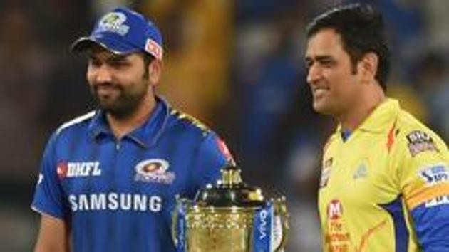 Rohit Sharma and MS Dhoni with the IPL trophy(PTI)