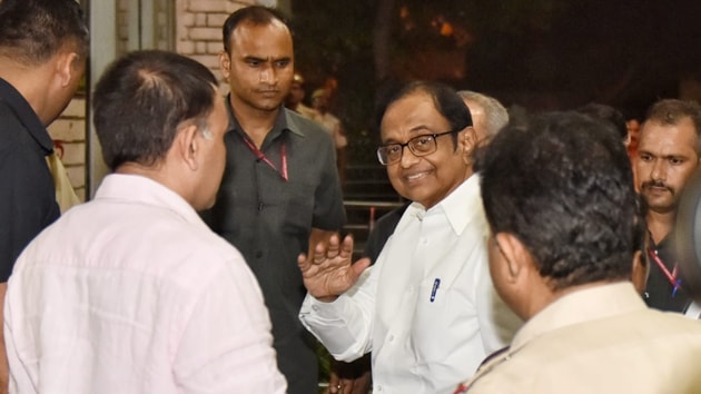 P Chidambram, former finance minister of India arrived at Enforcement Directorate office for further questioning in INX Media case at Khan Market, New Delhi.(Sanchit Khanna/ HT Photo)