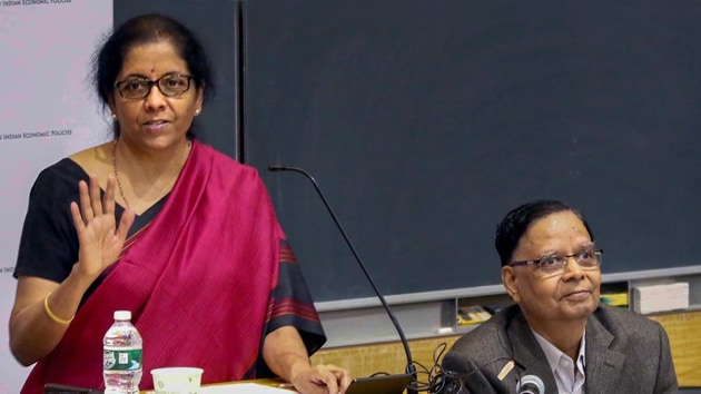 New York: Union Minister for Finance and Corporate Affairs Nirmala Sitharaman (L) speaks on ‘Indian Economy: Challenges and Prospects’ at Columbia University in New York. (PTI Photo) New York: Union Minister for Finance and Corporate Affairs Nirmala Sitharaman (L) speaks on ‘Indian Economy: Challenges and Prospects’ at Columbia University in New York. (PTI Photo)