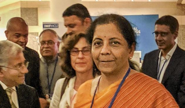 Finance Minister Nirmala Sitharaman interacts with global investors at the headquarters of International Monetary Fund, in Washington, Wednesday, Oct. 16, 2019.(PTI)