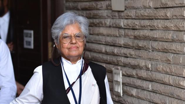 Senior advocate Indira Jaising comes out of her residence after CBI conducted raids in her residence and office in connection with a foreign funding case, July, 2019.(Sanchit Khanna/HT File)