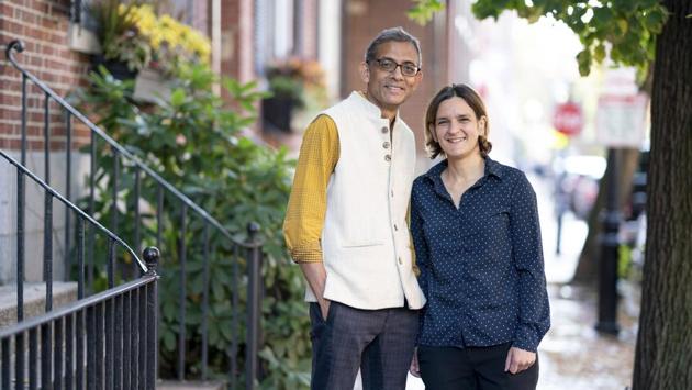 Abhijit Banerjee and Esther Duflo, winners of the 2019 Nobel Prize for Economics at their home in Boston, Massachusetts. (Bryce Vickmark / MIT / AFP)