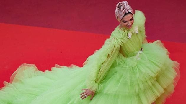 Deepika Padukone rocked a lime green tulle dress on the Cannes Film Festival red carpet this year with a head wrap in shell pink. (iNSTAGRAM)