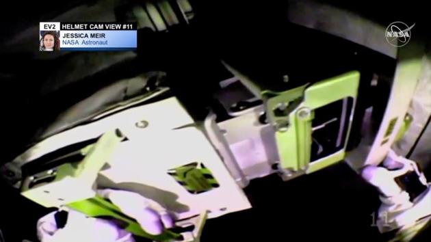 A helmet camera view of Jessica Meir outside the International Space Station (ISS). (NASA / REUTERS)