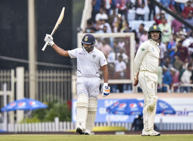 Ranchi: Indian cricketer Rohit Sharma celebrates after scoring 100 runs during the 3rd Test match between India and South Africa at JSCA Stadium in Ranchi. (PTI)