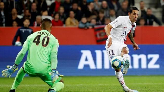 Paris St Germain's Angel Di Maria scores their first goal.(REUTERS)