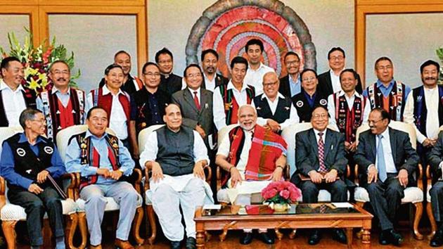 PM Narendra Modi, Union minister Rajnath Singh (third from left) and NSA Ajit Doval (extreme right) with members of NSCN (IM) as Centre and NSCN ink peace accord in 2015.(PTI File Photo) PM Narendra Modi, Union minister Rajnath Singh (third from left) and NSA Ajit Doval (extreme right) with members of NSCN (IM) as Centre and NSCN ink peace accord in 2015.(PTI File Photo)