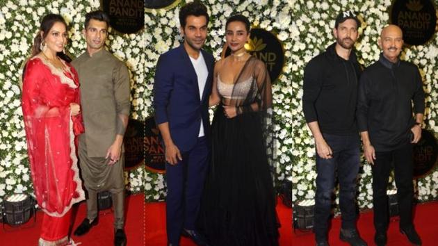 Bipasha Basu, Karan Singh Grover, Rajkummar Rao, Patralekhaa, Hrithik Roshan and Rakesh Roshan at Anand Pandit’s Diwali bash in Mumbai.(Varinder Chawla)