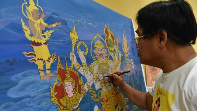 An artist at work during an “ International Art Camp” organized by Ayodhya Shodh Sansthan, Cultural and Tourism department where artists from Thailand, Indonesia, Shrilanka and India are preparing artwork for an exhibition at Ayodhya on Diwali, in Lucknow, Uttar Pradesh. (Dheeraj Dhawan / HT Photo)